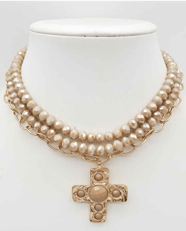Glass Beaded Cross Necklace In Brown - Macoma Boutique310 Accessories/Jewelry