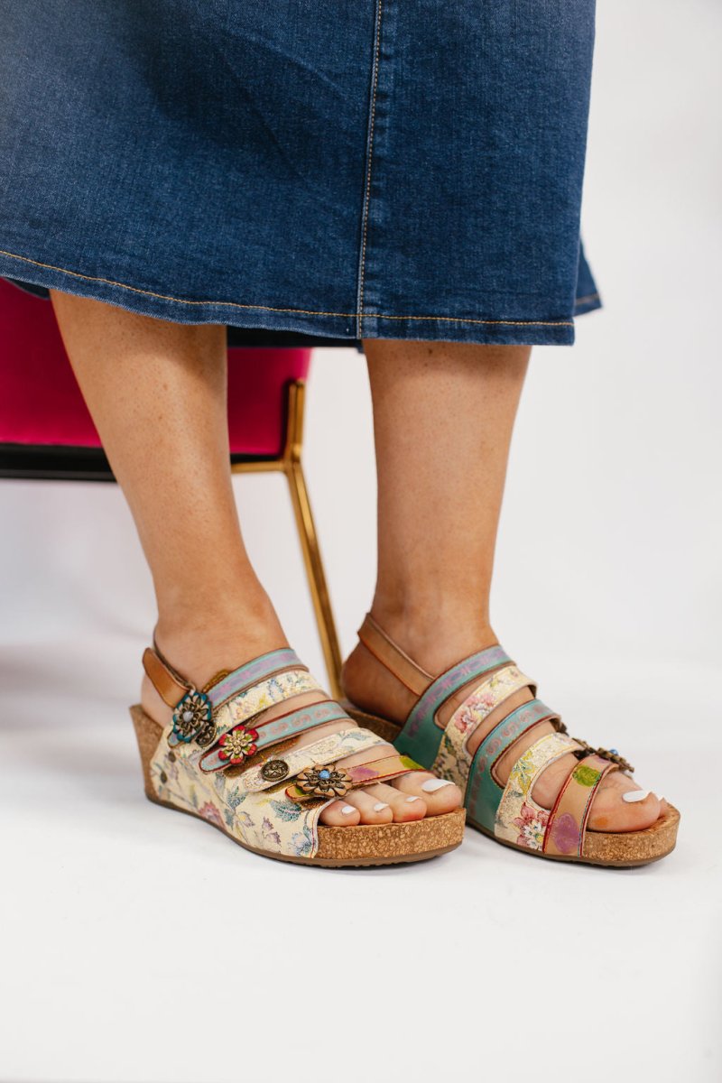 L'artiste Beige Multi Buckle It Up Wedges - Macoma Boutique302 Wedges & Heels