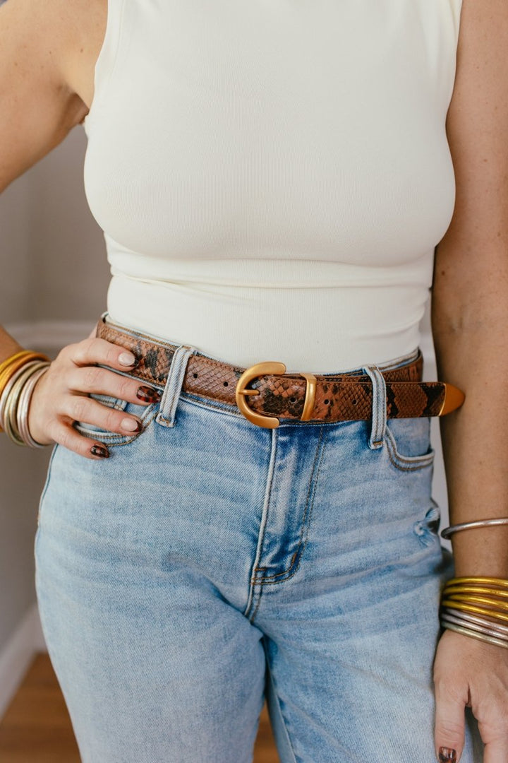Natural Python Embossed Snakeskin Belt In Brown - Macoma Boutique310 Accessories/Jewelry