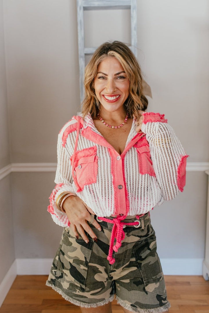 Open Knit Conversation Top In Pink Multi - Macoma Boutique120 Long Sleeve