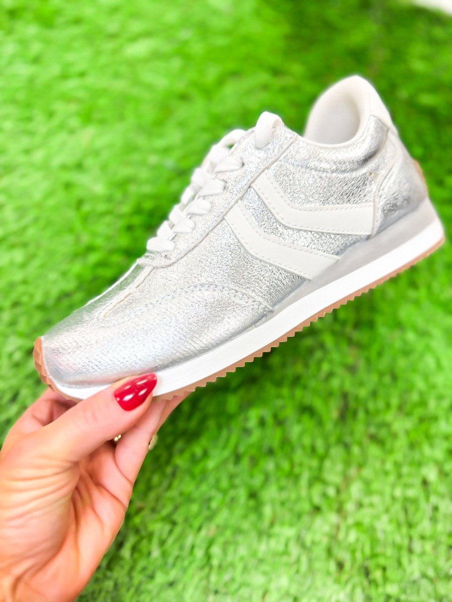Presale: Corky's Silver Crinkle Metallic Kickoff Sneakers - Macoma Boutique301 Sneakers
