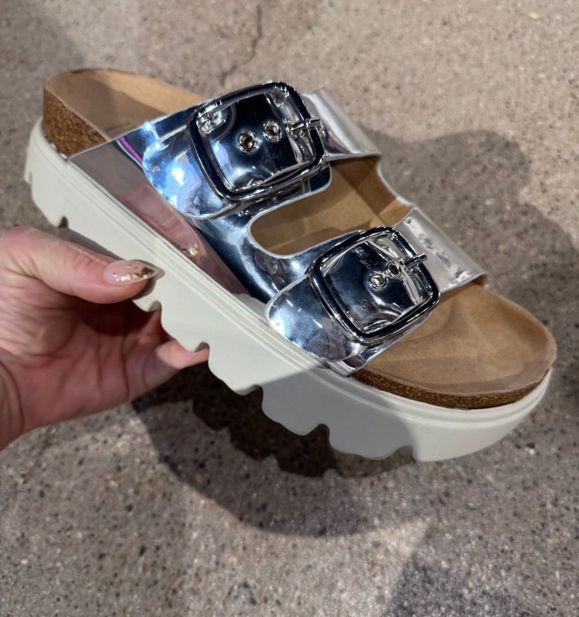 Presale: Corky's Silver Mirror Metallic Rumor Has It Sandals - Macoma Boutique304 Sandals