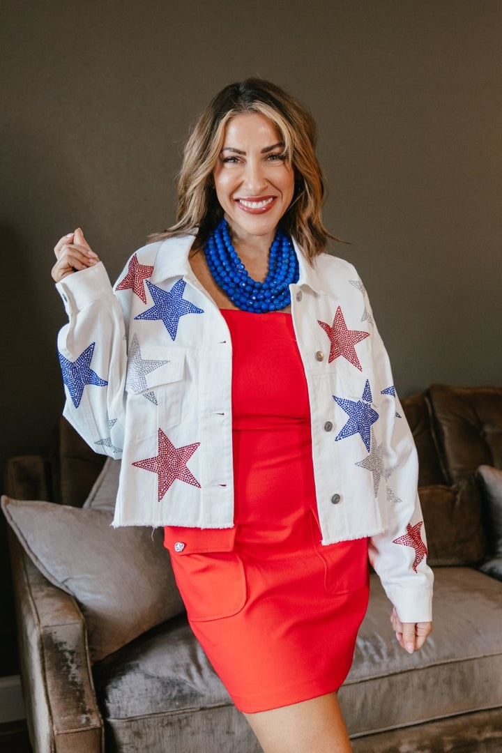 Red, White & Sparkle Denim Jacket - Macoma Boutique170 Denim