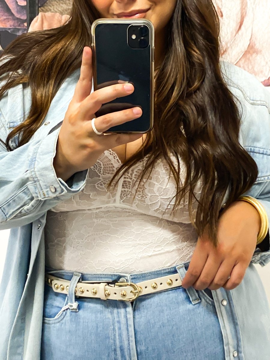 Skinny Round Studded Leather Belt In Beige - Macoma Boutique310 Accessories/Jewelry