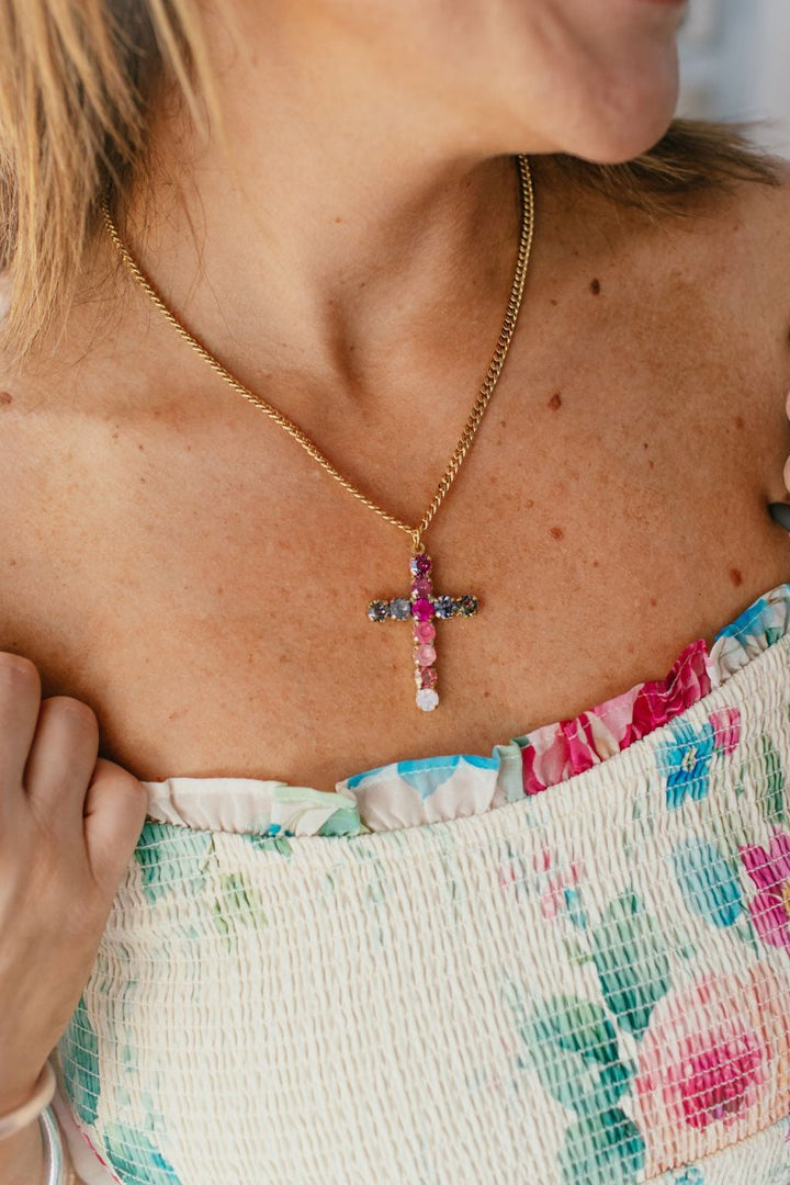 Tova Cross Necklace In Custom Antique Gold Candy Kisses - Macoma Boutique310 Accessories/Jewelry