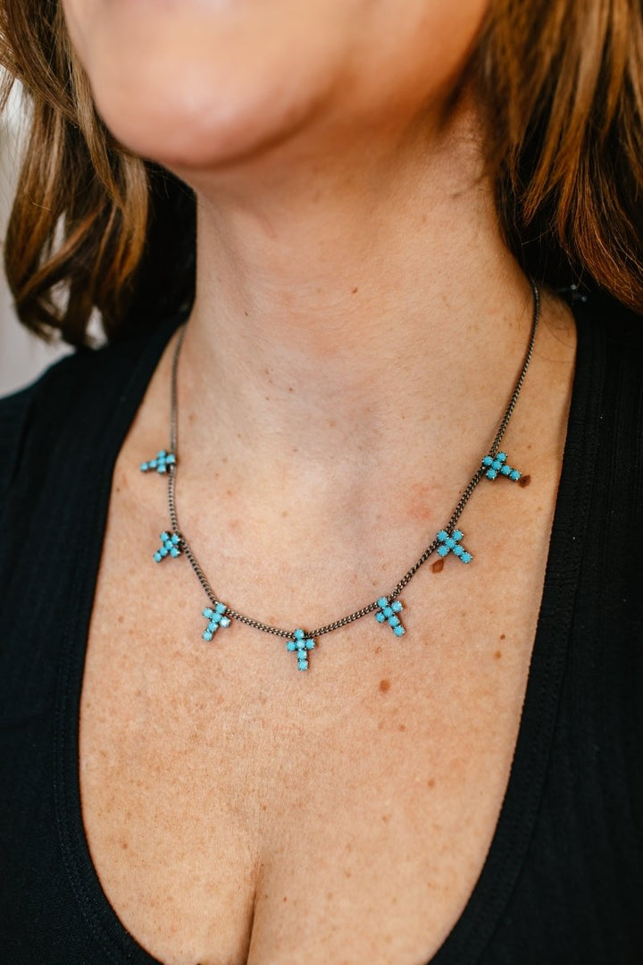 Tova Multi Cross Necklace in Antique Silver Turquoise - Macoma Boutique310 Accessories/Jewelry