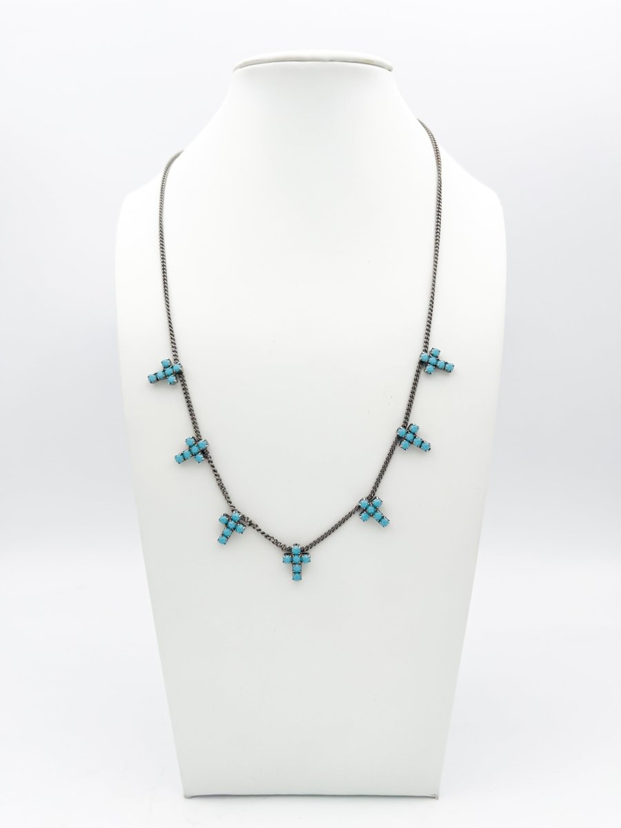 Tova Multi Cross Necklace in Antique Silver Turquoise - Macoma Boutique310 Accessories/Jewelry