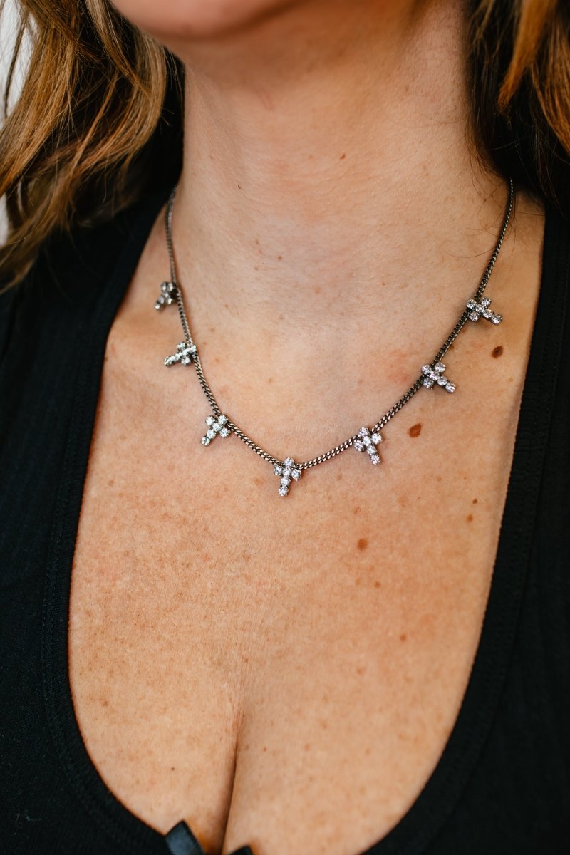 Tova Multi Cross Necklace in Antique Silver/Clear - Macoma Boutique310 Accessories/Jewelry