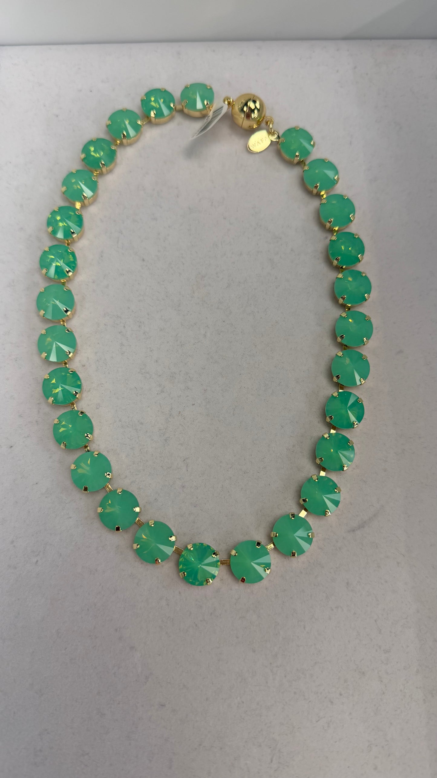 AF Designs 12MM jade green opal crystal rivoli statement necklace with gold-tone prong settings and ball clasp