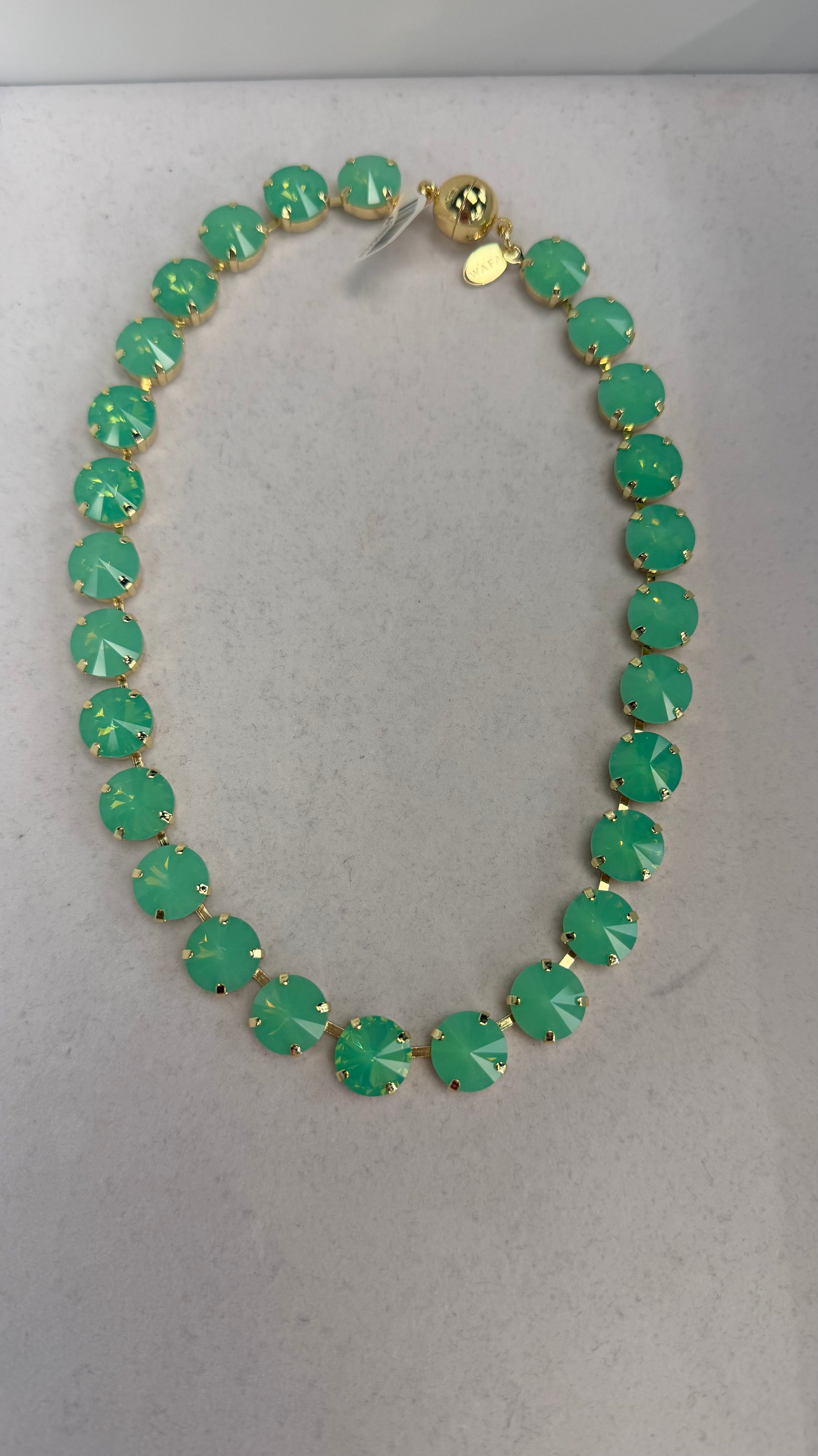 AF Designs 12MM jade green opal crystal rivoli statement necklace with gold-tone prong settings and ball clasp
