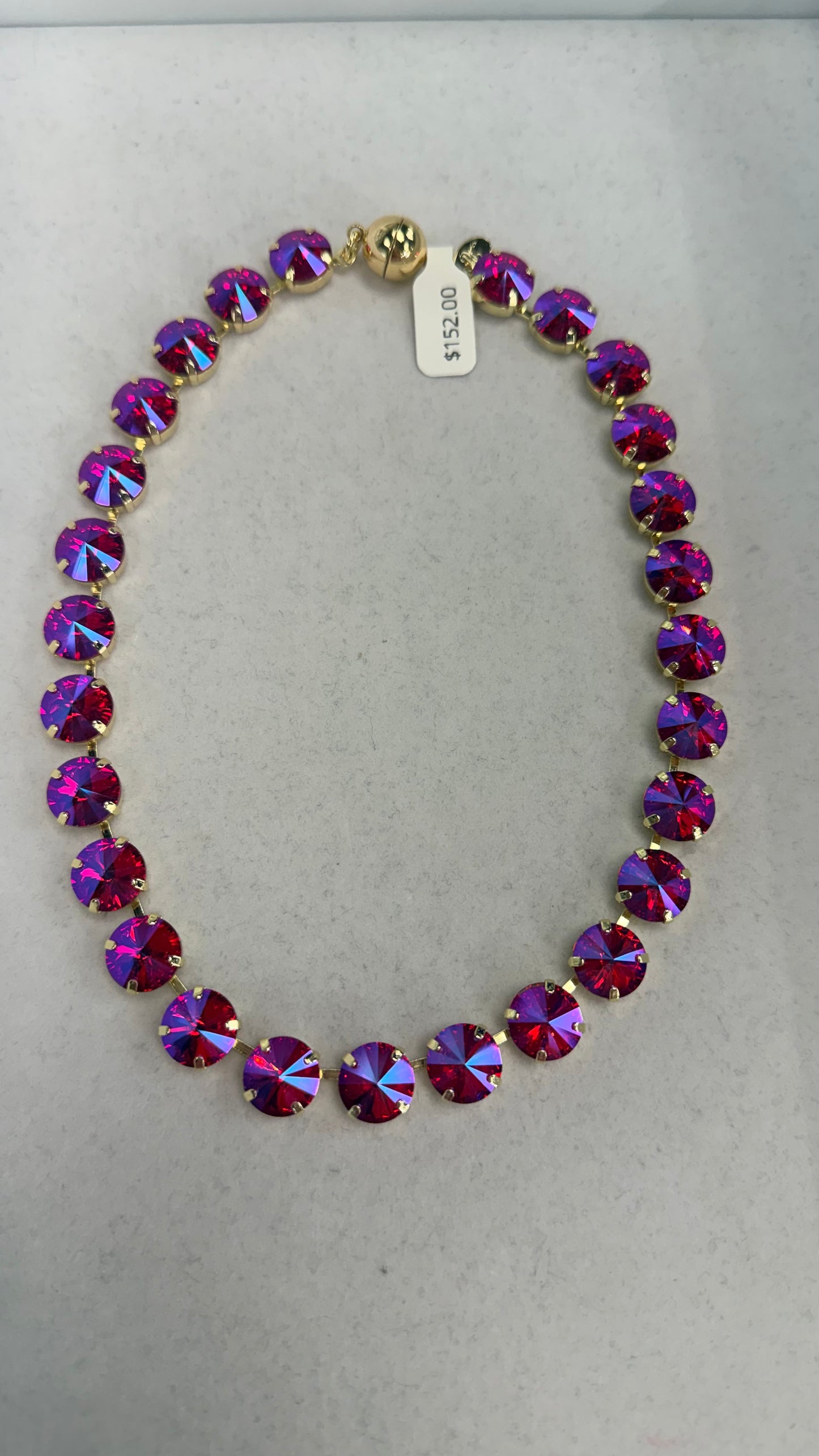 AF Designs 12MM fuchsia iridescent crystal rivoli collarette necklace in gold prong settings, $152