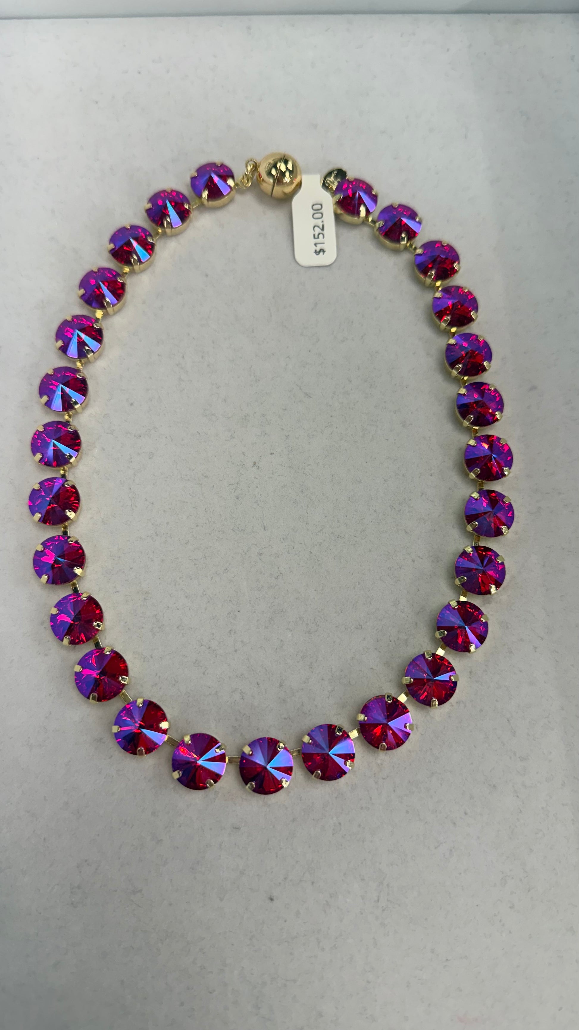 AF Designs 12MM fuchsia iridescent crystal rivoli collarette necklace in gold prong settings, $152