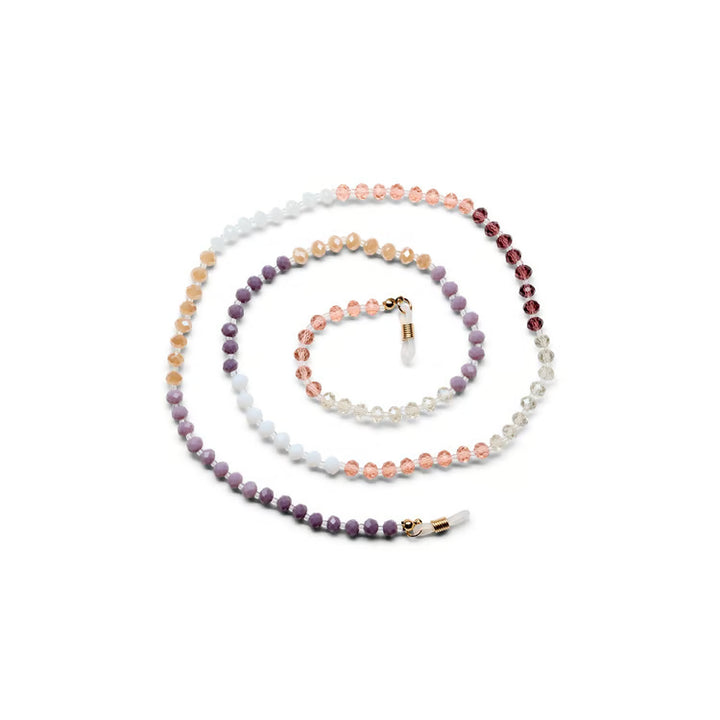 Peepers beaded eyeglass chain in gradient neutrals: burgundy, blush, peach, lavender, and clear crystals with gold coil ends