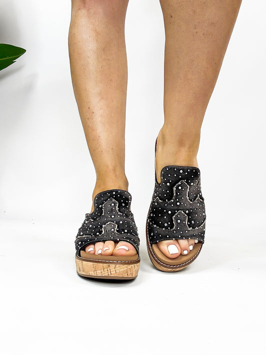 Corky's Black Washed Denim Rhinestone Neon Moon Sandals