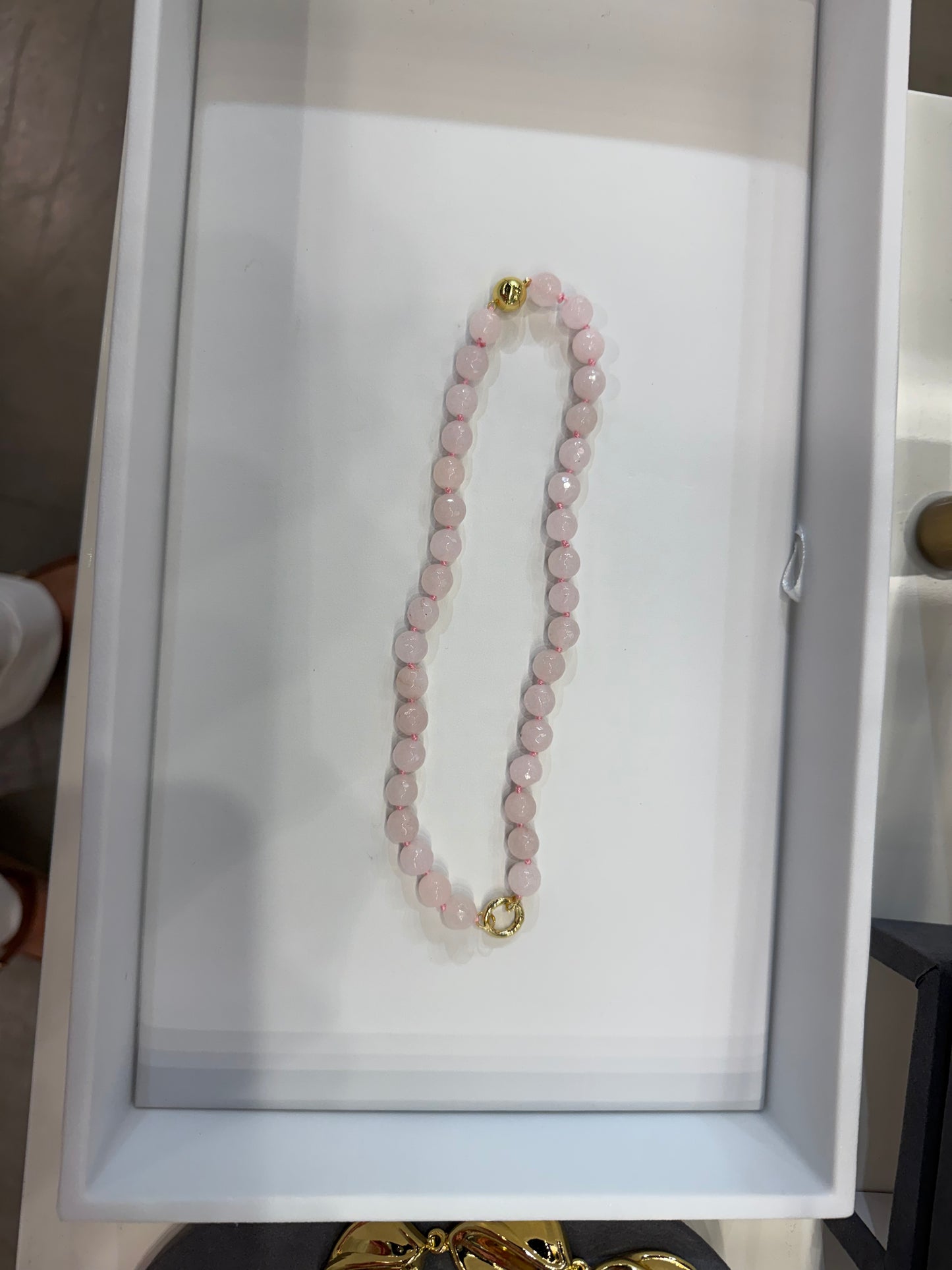AF Designs 10mm blush pink beaded necklace with gold magnetic clasp and circle accent charm
