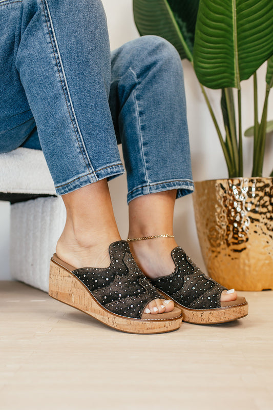 Corky's Black Washed Denim Rhinestone Neon Moon Sandals