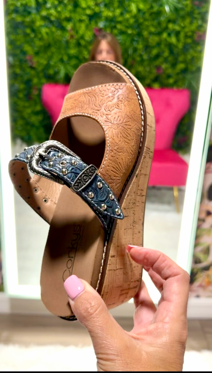 Corky's Cognac Embossed Need A Favor Wedges