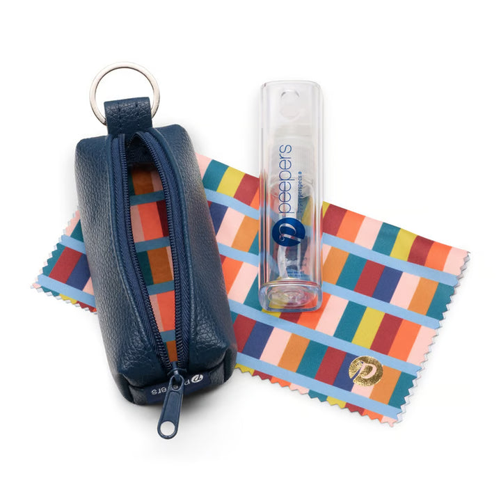 Peepers navy key ring pouch with lens spray bottle and multicolor striped microfiber cleaning cloth