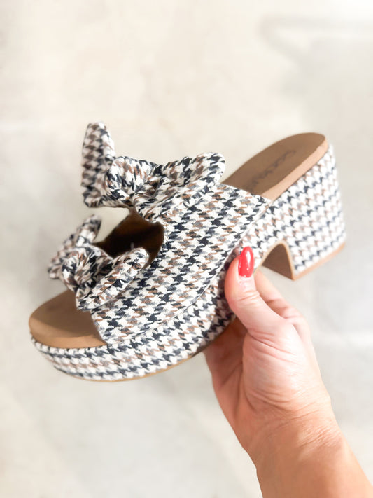 Presale: Corky's Black Tan Houndstooth Put A Bow On It Sandals