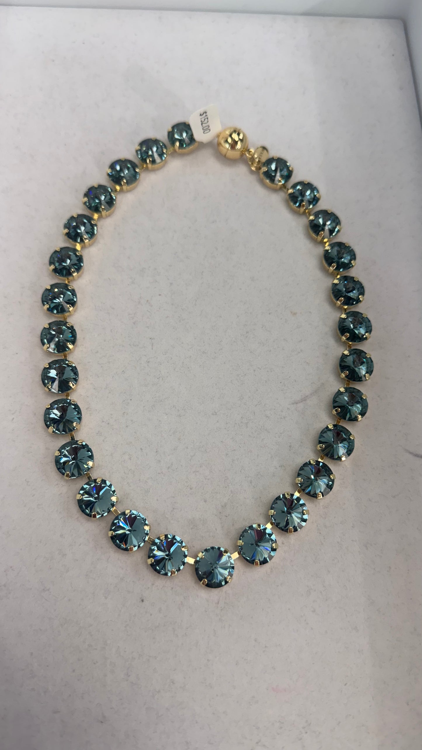AF Designs 12MM collar necklace with smoky blue-gray rivoli crystals in gold prong settings
