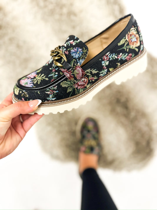 Chaussures en brocart noir à motif floral de Corky 