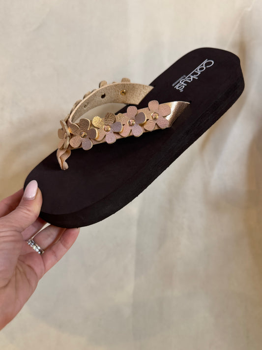 Presale: Corky's Gold Metaliic No Running Flip Flops