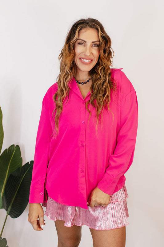 Classic Kathryn Button Up Top in Hot Pink - Reg & Curvy