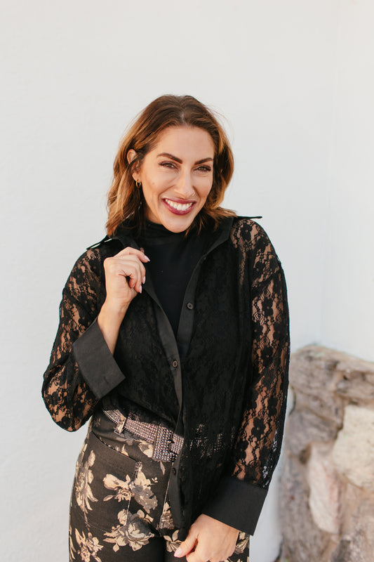 Classic Kathryn Button Up Top In Black Lace - Reg & Curvy
