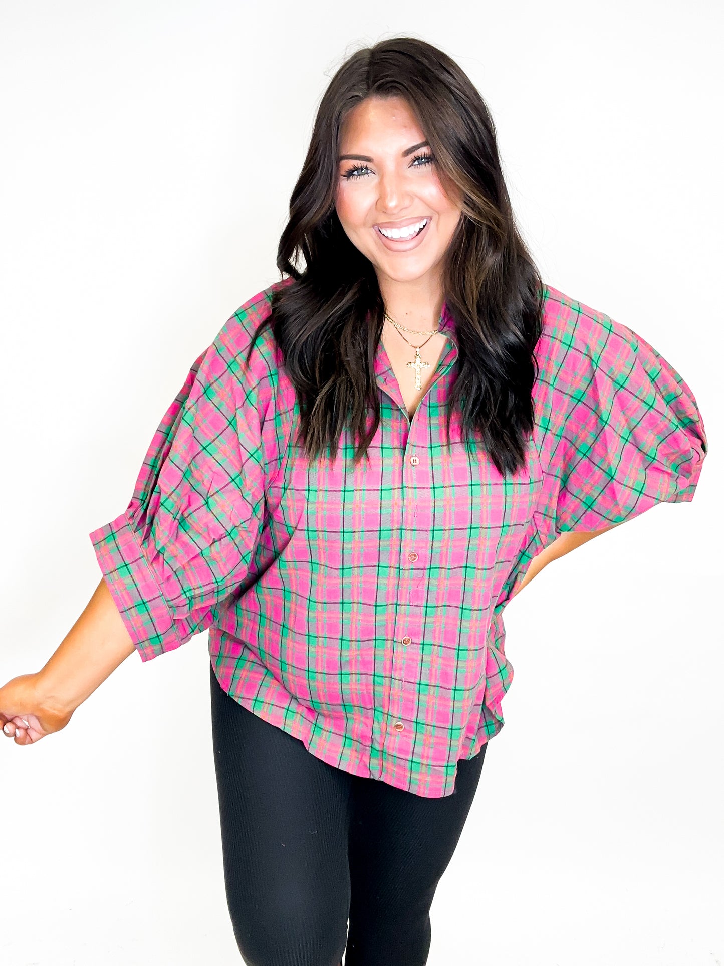 Bold Berry Plaid Button Down Top - Reg/Curvy