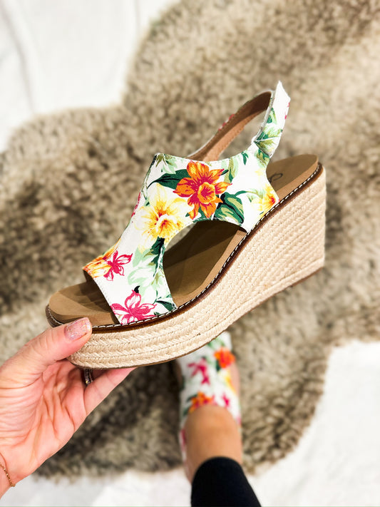 Presale: Corky's White Floral Freddie Wedges