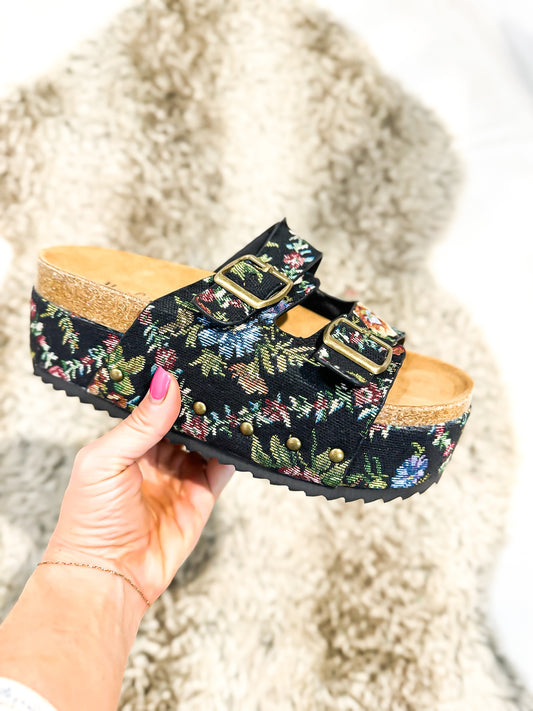 Corky's Black Brocade Floral Wannabe Sandals