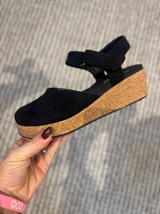 Presale: Corky's Black Faux Suede All In Wedges