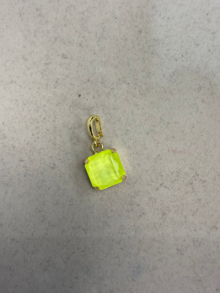 Neon yellow-green square faceted gemstone charm with gold prong setting and oval clasp bail by AF Designs