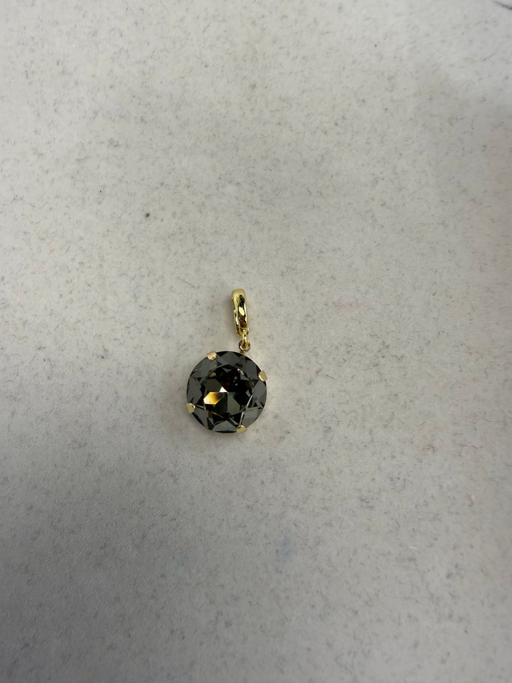 Round 12mm smoke gray faceted crystal charm pendant with gold-tone prong setting and bail clasp