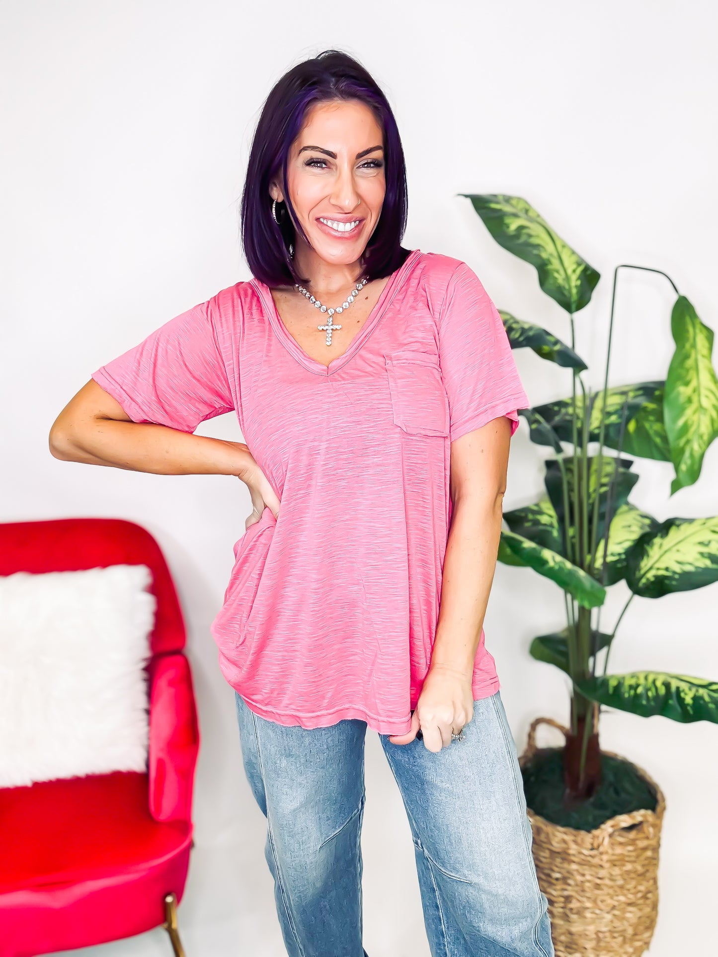 Basic and Soft V-Neck Top in Flamingo Pink