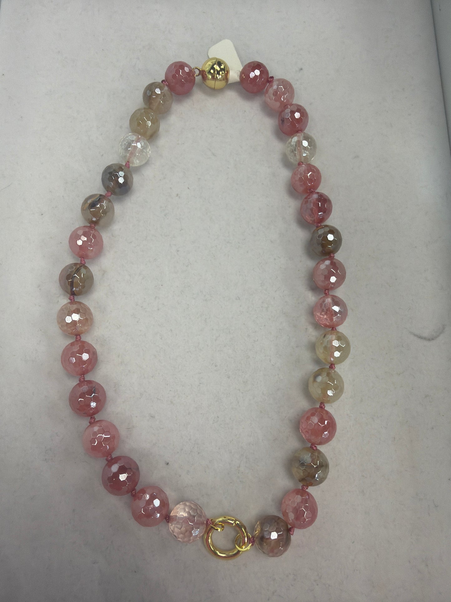 AF Designs 12mm faceted cherry mix gemstone beaded necklace with gold magnetic clasp on pink knotted cord