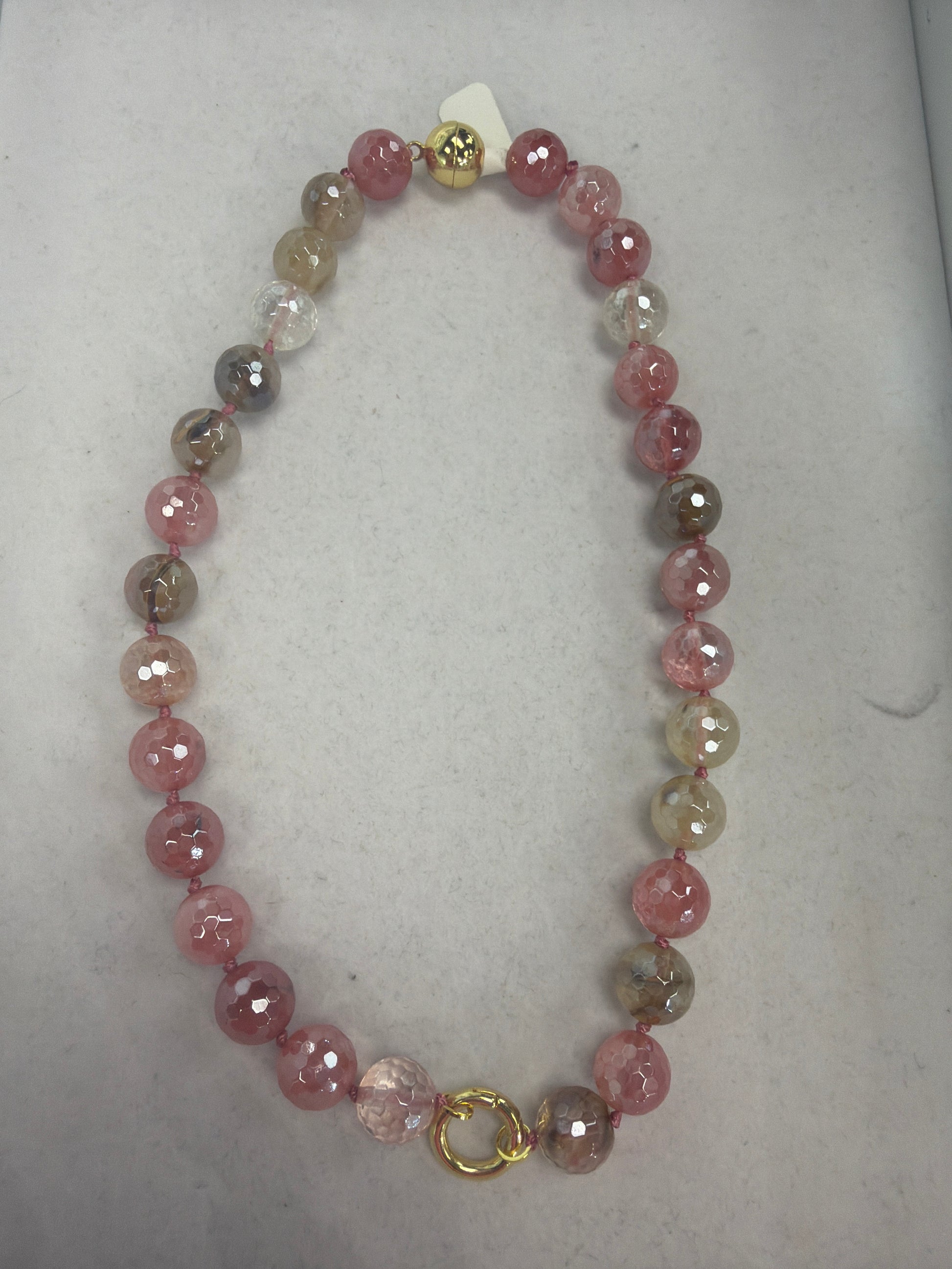 AF Designs 12mm faceted cherry mix gemstone beaded necklace with gold magnetic clasp on pink knotted cord