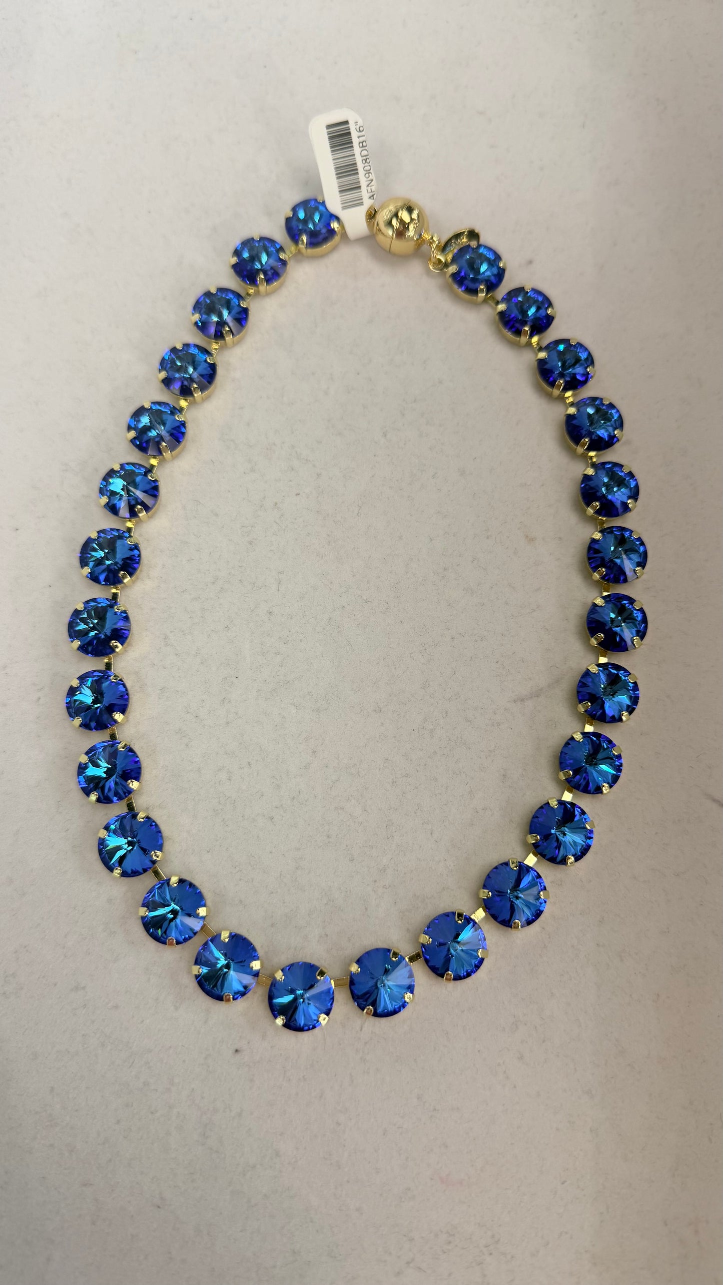 AF Designs 12MM blue sapphire rivoli crystal statement necklace with gold prong settings and magnetic clasp