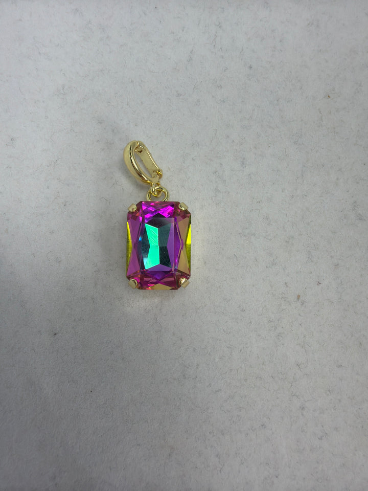 Small rectangle iridescent crystal charm in mermaid pink-teal hues with gold-tone prong setting and bail clasp