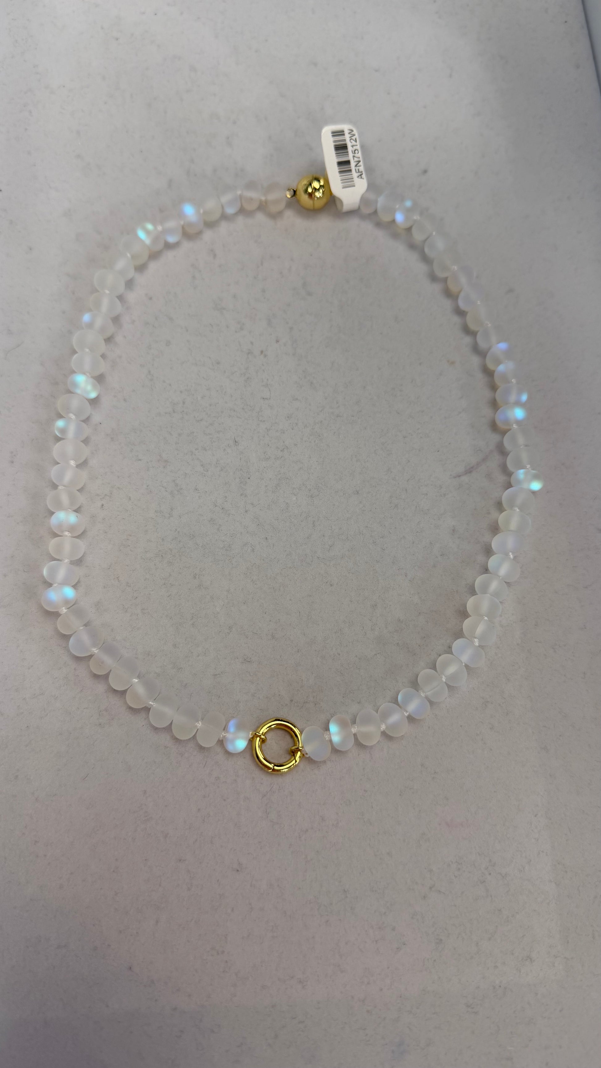 AF Designs Little Secret beaded necklace with frosted white moonstone beads and gold clasp details
