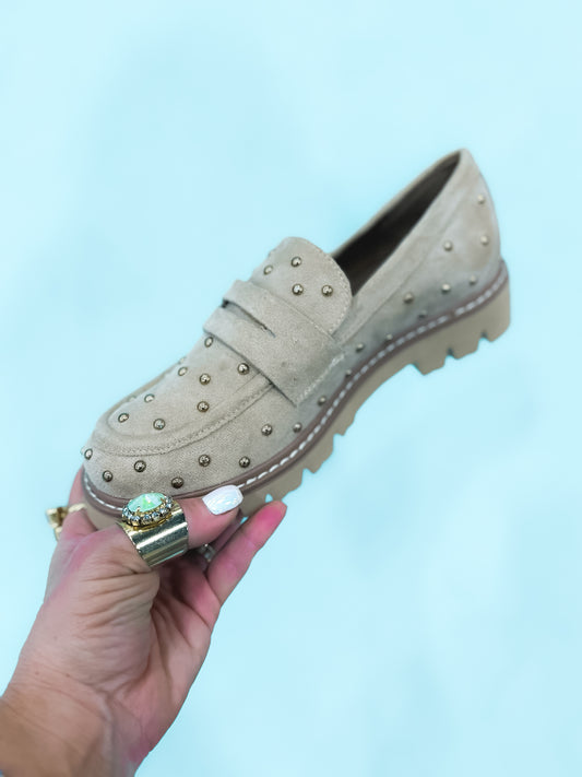 Presale: Corky's Sand Faux Suede Stud Muffin Shoes