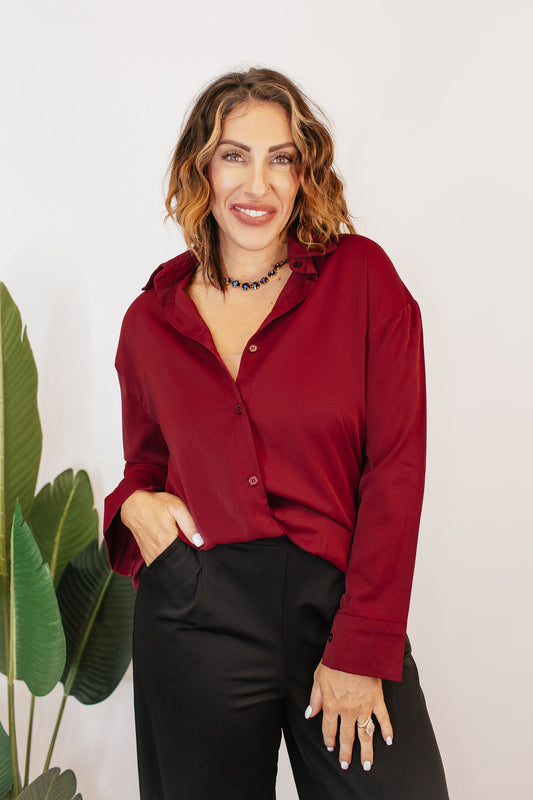 Classic Kathryn Button Up Top in Maroon - Reg & Curvy