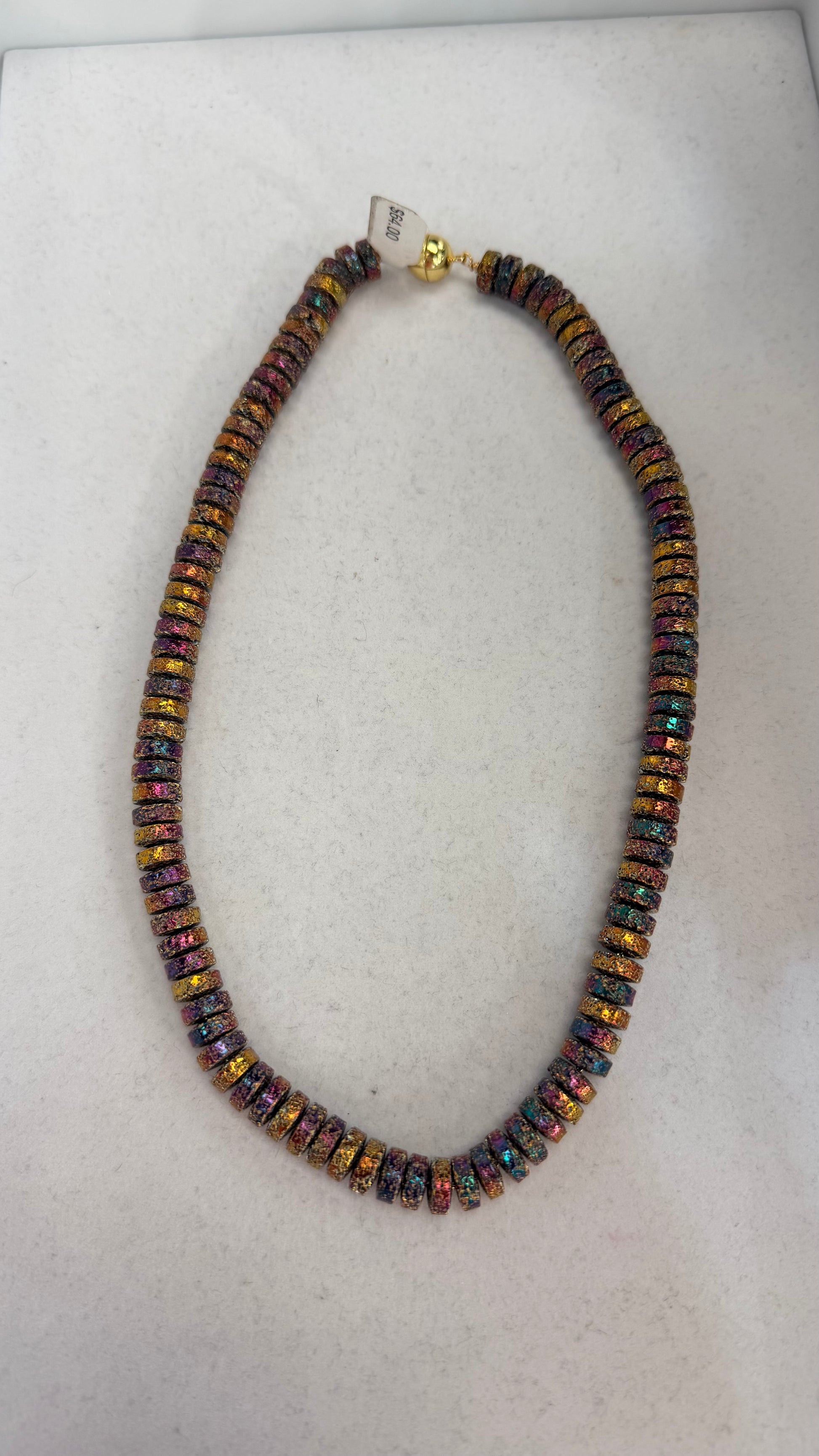 AF Designs Good Fortune Necklace with iridescent multicolor disc beads and gold clasp, boho statement jewelry