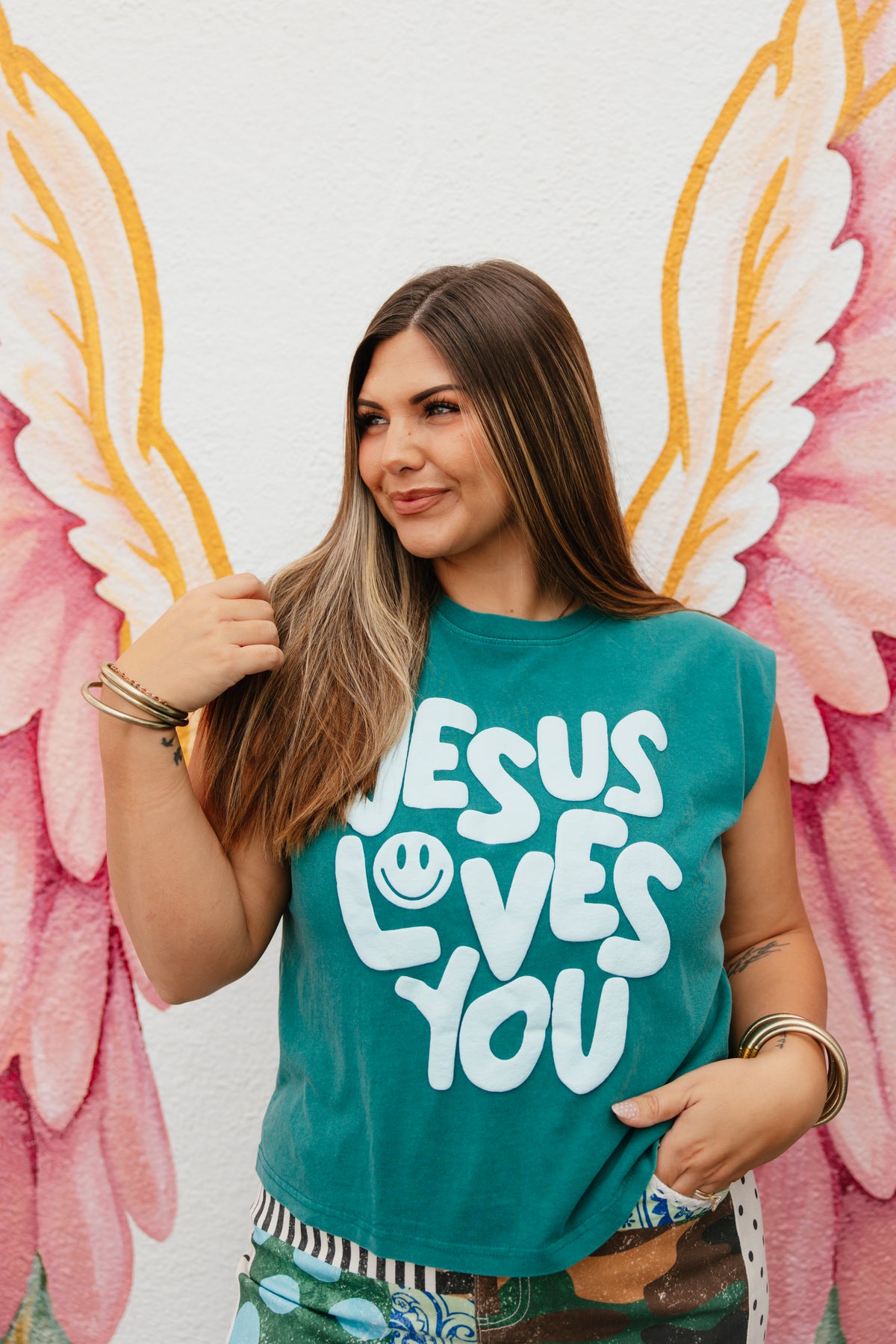 Smiley Jesus Loves You Puff Tank In Teal