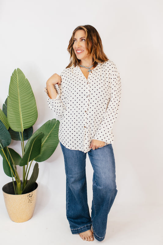 Classic Kathryn Button Up Top in Black Polka Dots - Reg & Curvy