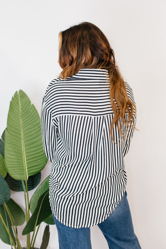 Classic Kathryn Button Up Top in Black Stripes - Reg & Curvy