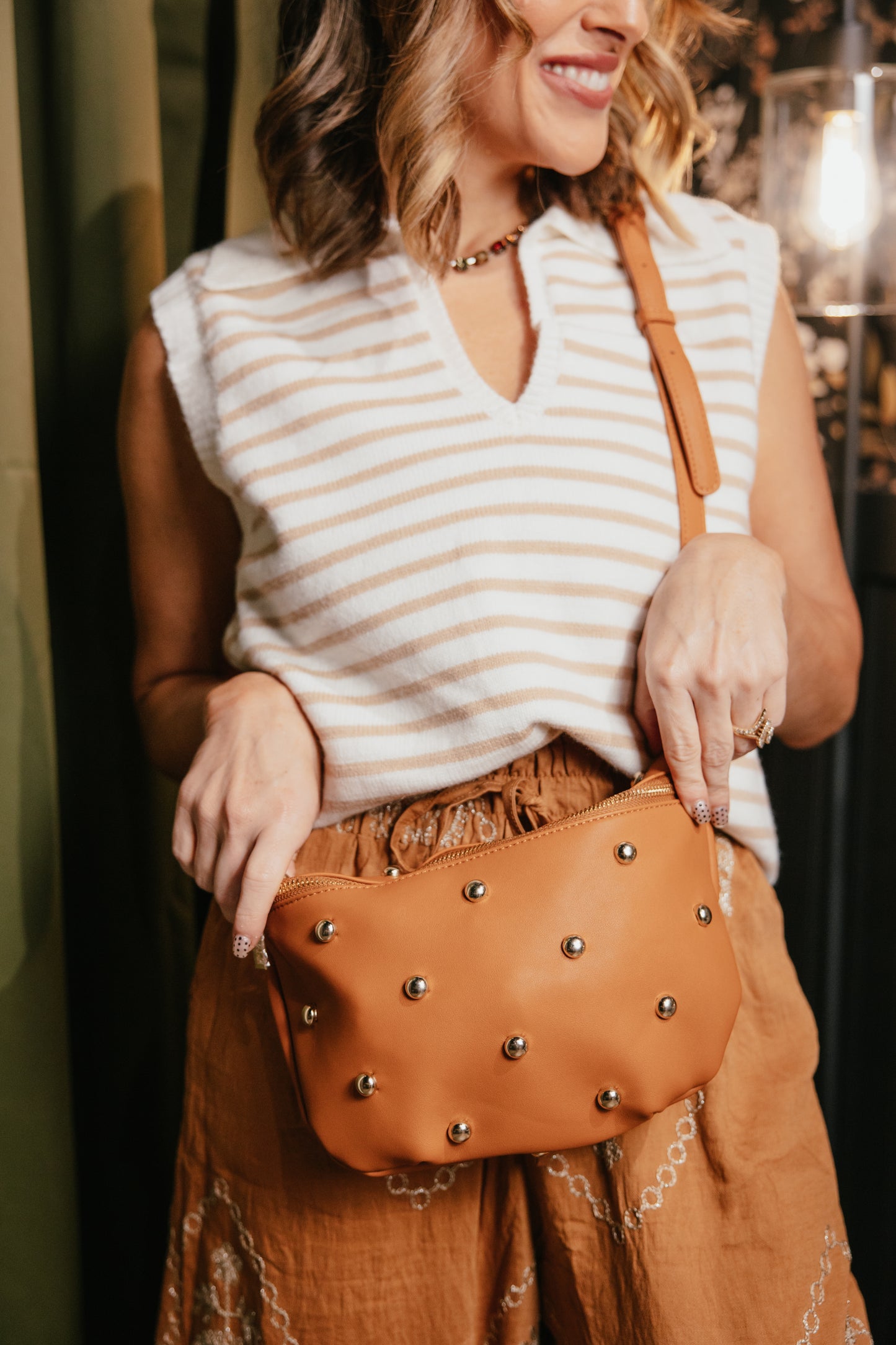 Chic Gold Studded Westlyn Bum Bag In Brown