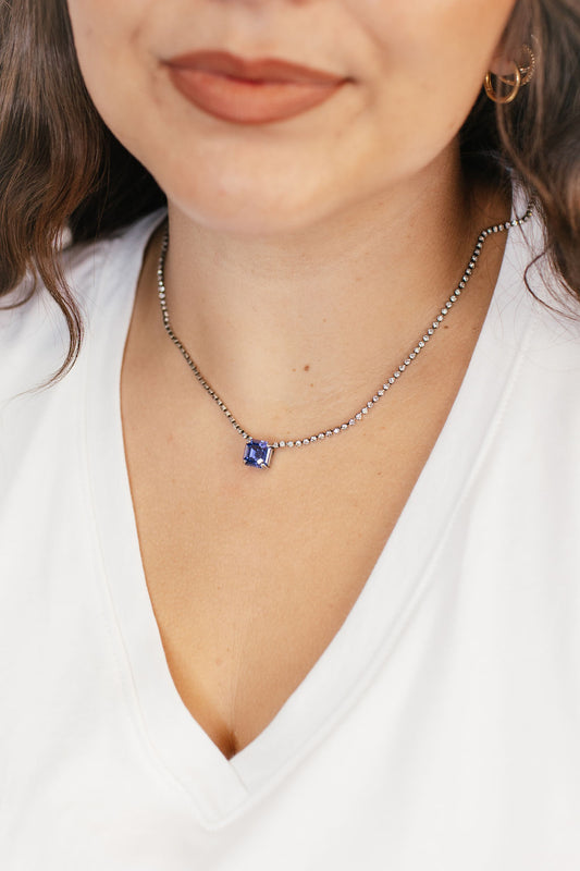 Tova Rhys Square Necklace in Antique Silver Sapphire Champagne - FINAL SALE