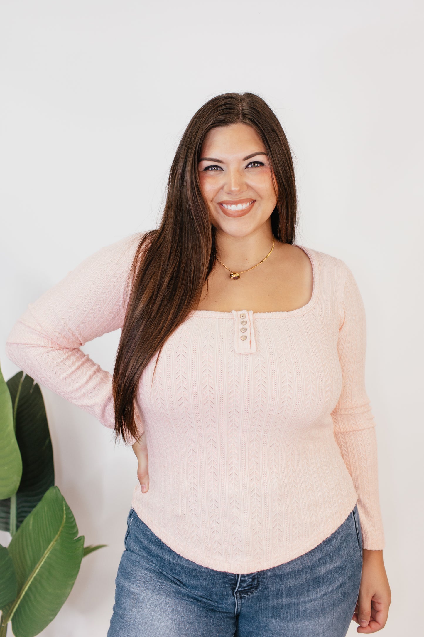 Sweetheart Henley Top In Powder Pink