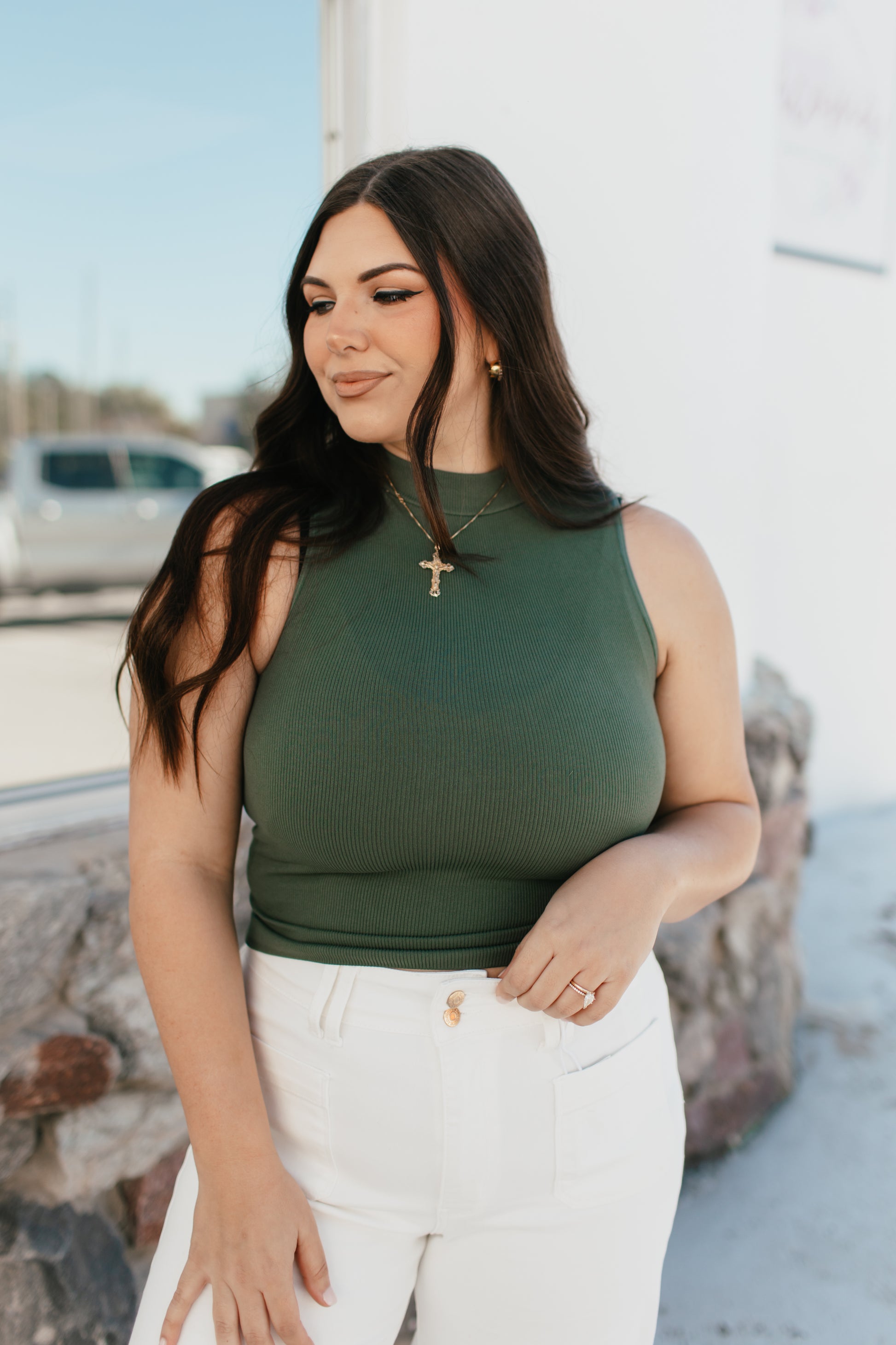 Essential Layers Seamless Mock Neck Tank In Dark Olive